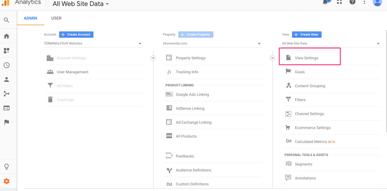Screenshot of the Admin screen in Google Analytics with the View Settings option highlighted  
