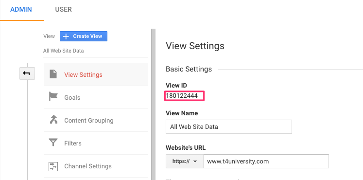 Screenshot of the Google Analytics View ID highlighted