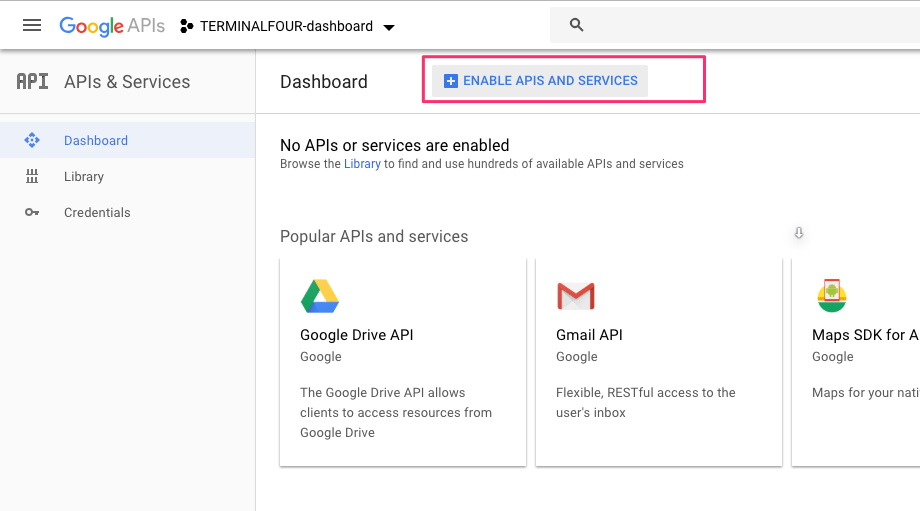 Screenshot of the Enable APIs and Services button from the Google Analytics API console