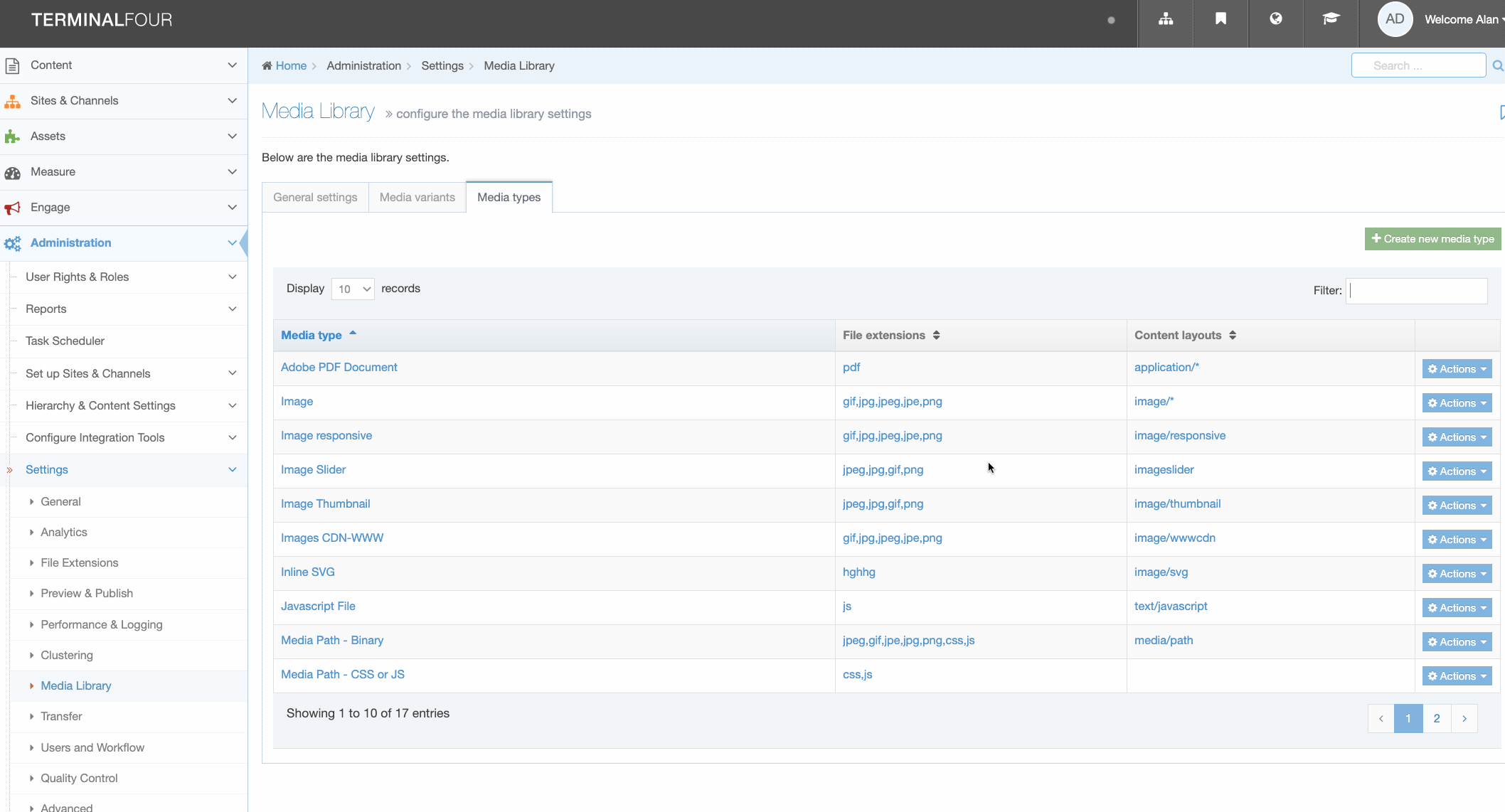 Searching for the required Media Types for Dashboard installation