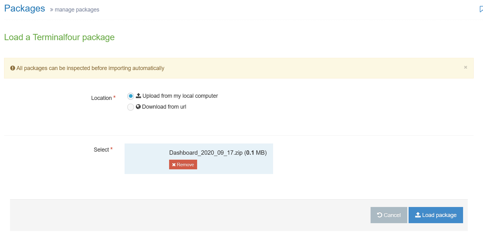 Loading the Dashboard Package