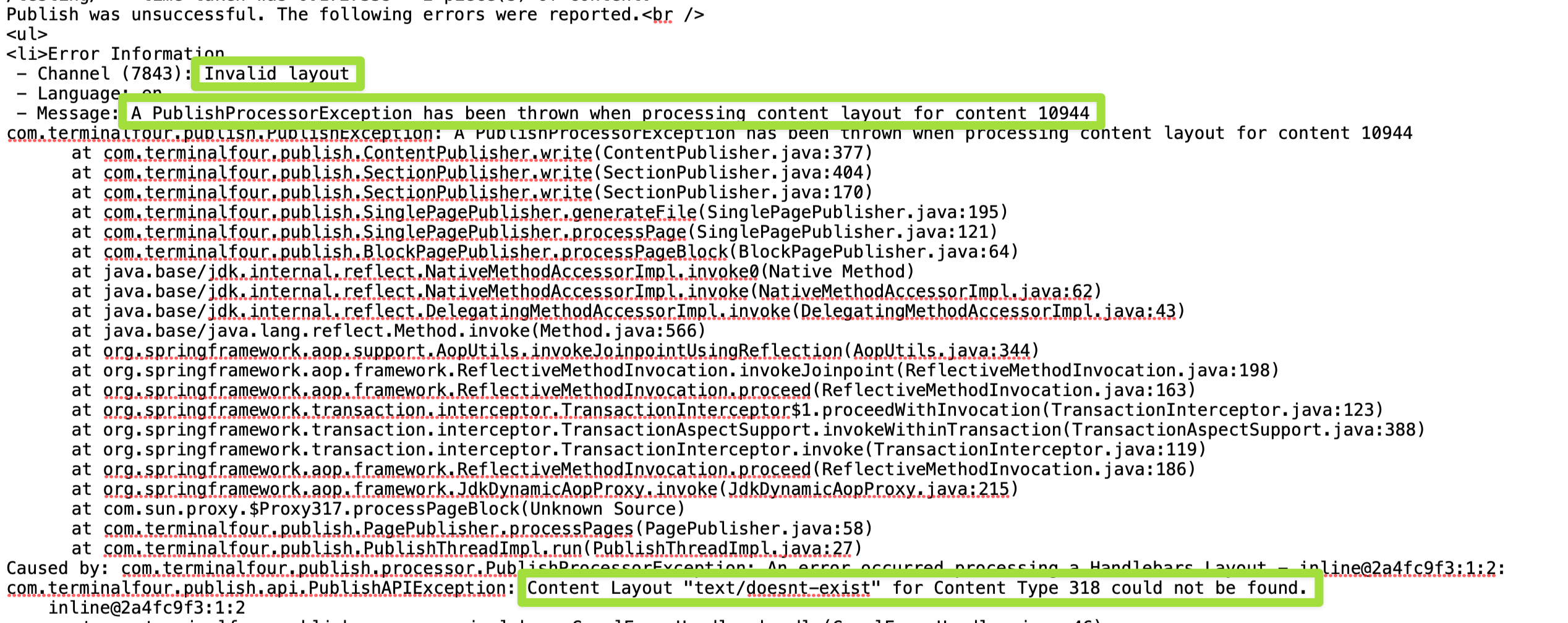An. excerpt of the logs showing publish errors