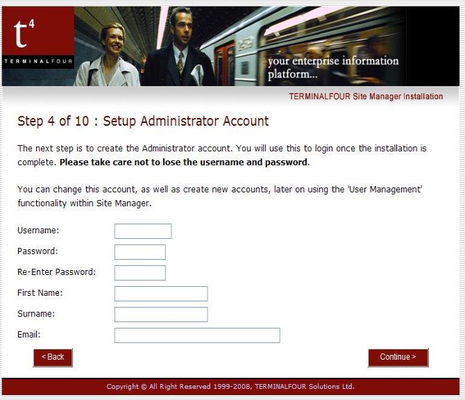 Sample setup admin account page.