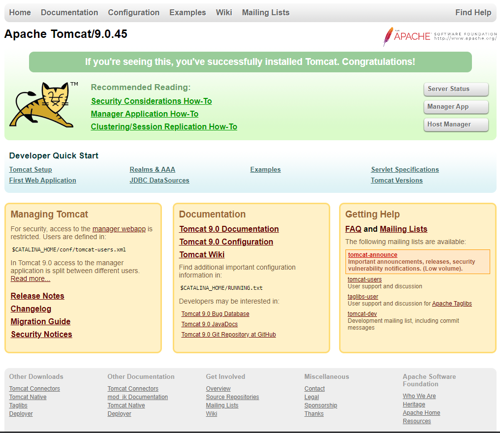 Screenshot of the Tomcat 9 download screen