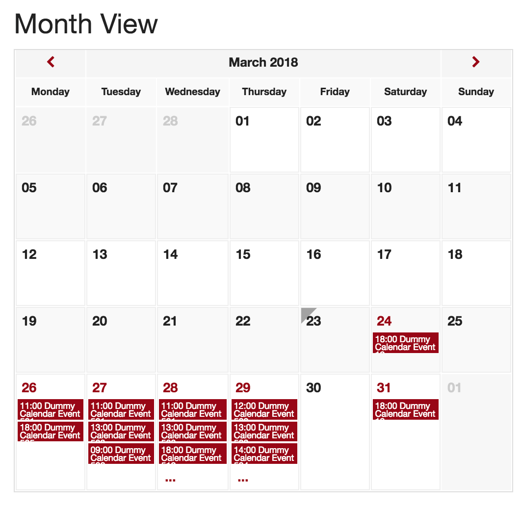 Screenshot of Events Calendar Main View