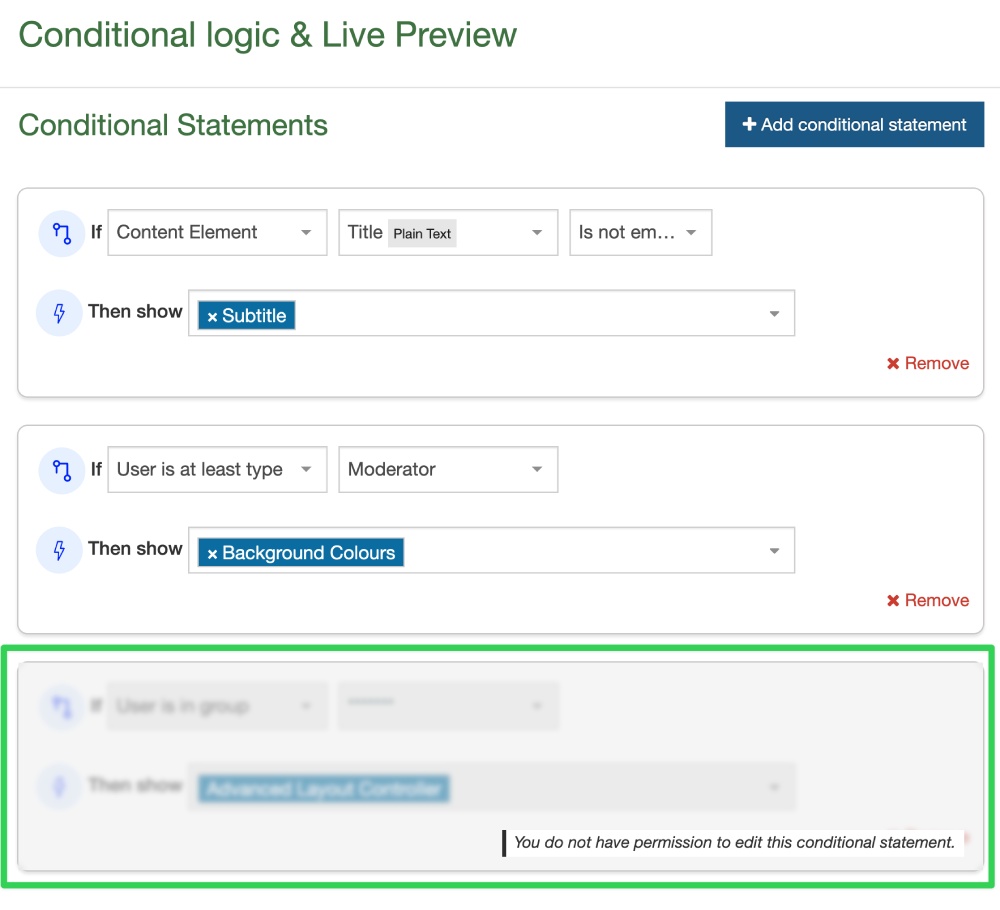 Power Users may be prevented form editing or removing some group-based conditional statements