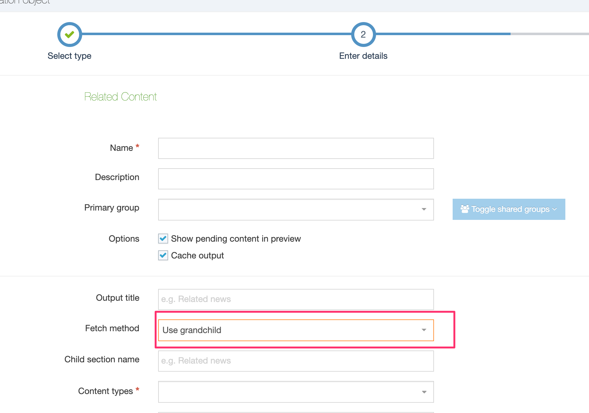 The Related Content Navigation Object screen with Fetch option highlighted