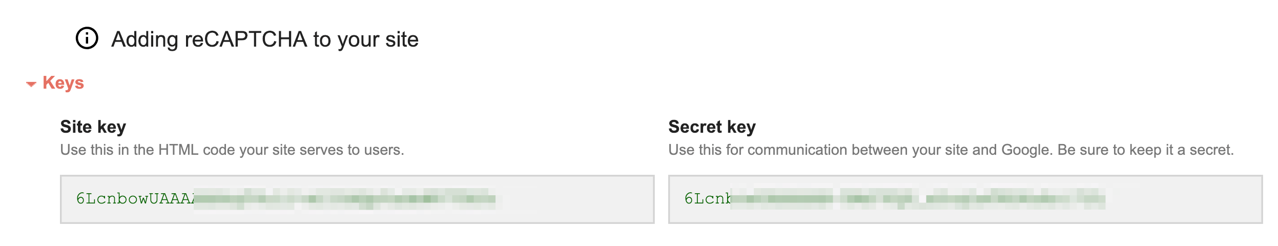Screenshot of the Google API Site and Secret key boxes