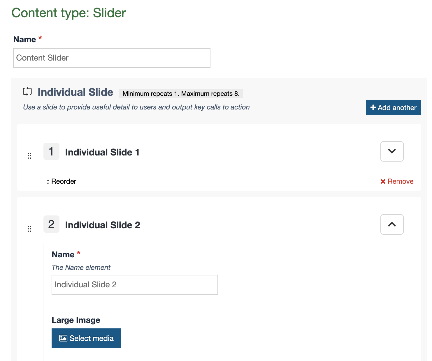 Shows an example of a repeater field with add another button
