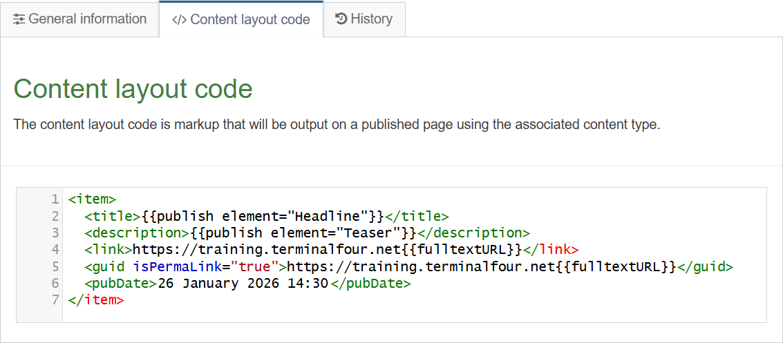 screenshot of rss layout updates inclusive of headline, description and fulltext expressions and IP address