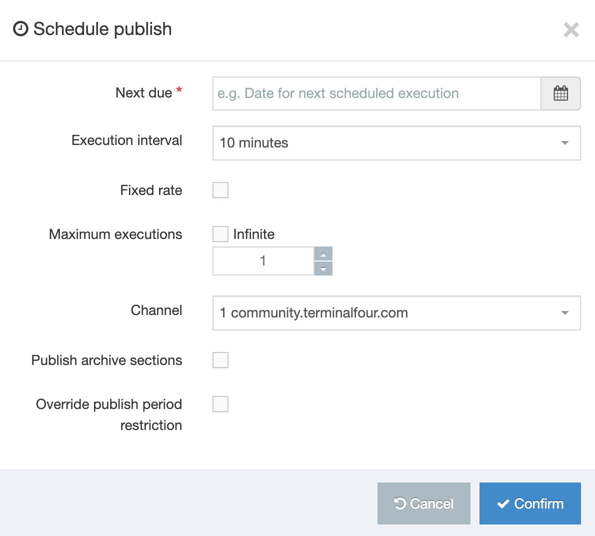 Screenshot of schedule publish modal