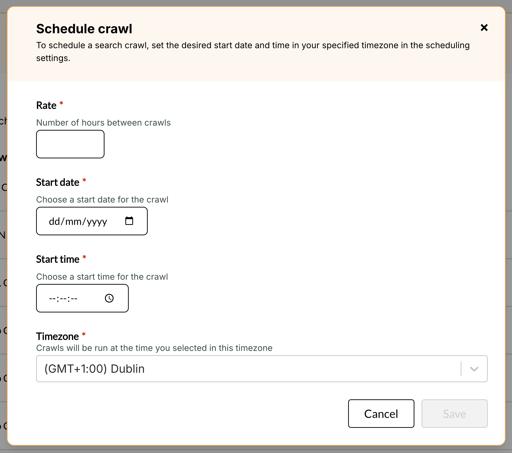 A modal popup with fields for scheduling a search crawl