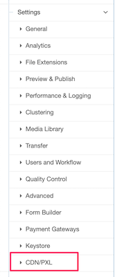 Settings screen with CDN/PXL option highlighted