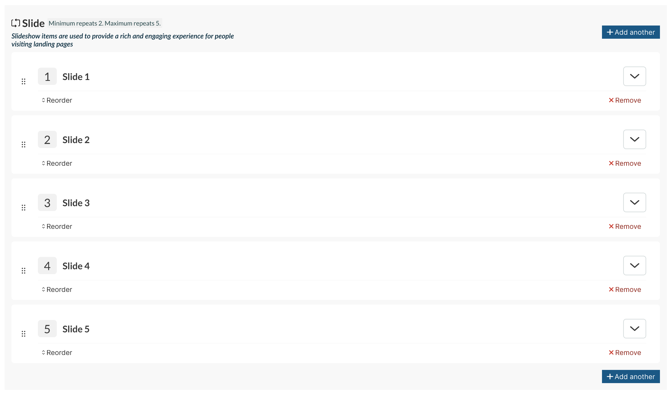 A screenshot of how repeaters will be displayed visually to content editors