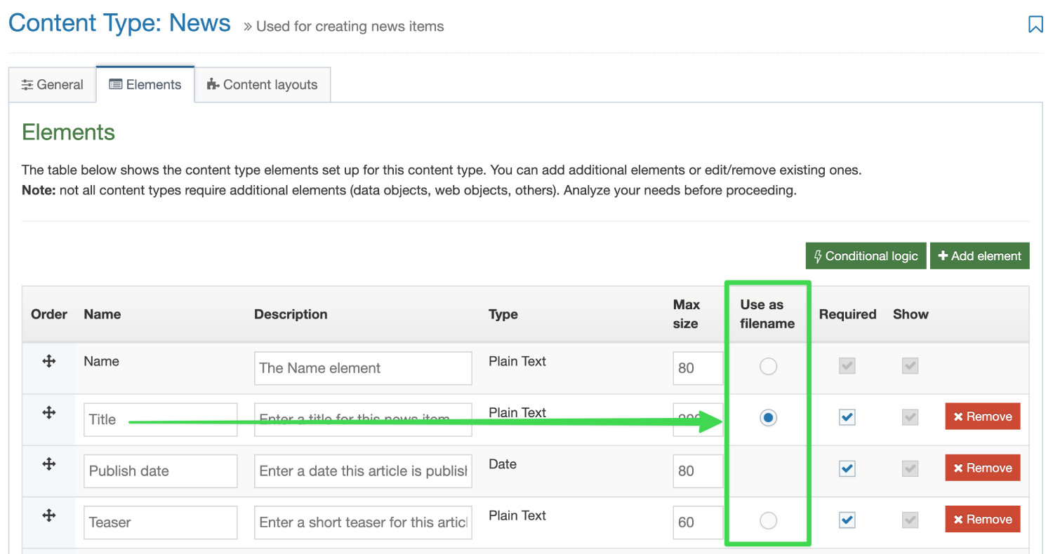 A screenshot showing users how to select Use as Filename from the elements table